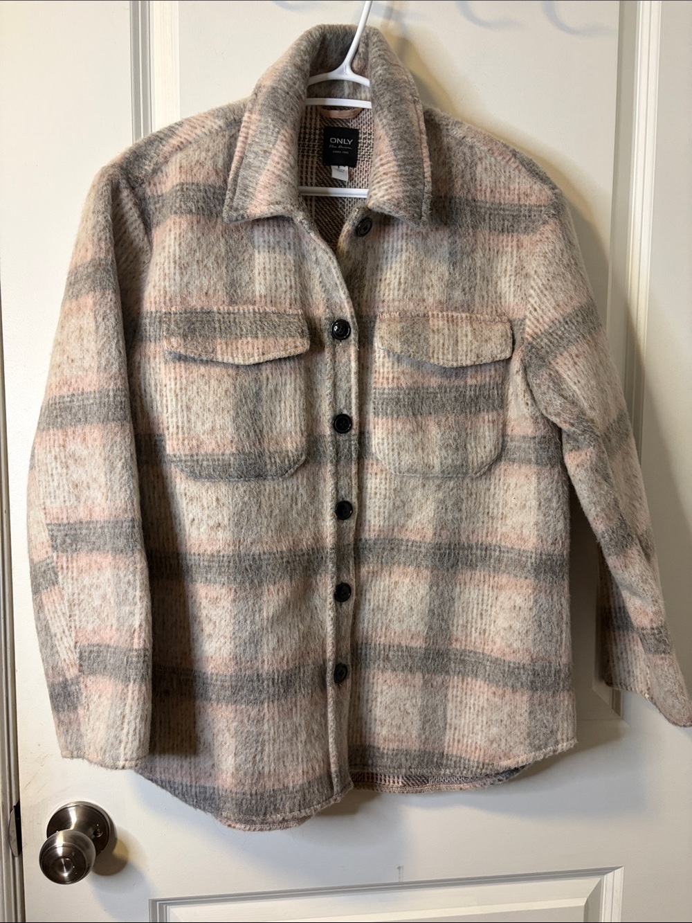ONLY Plaid Utility Shacket in Gray and Pink